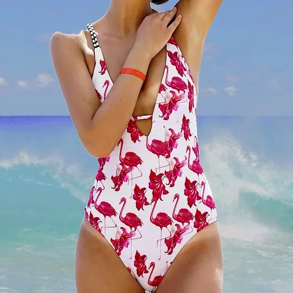 Cupshe flaming & flowers Free To Fly Print One-piece Swimsuit white pink L NWT - Picture 5 of 12